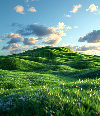 Buy stock photo Green hills, cloudy and flowers for landscape, digital painting or wallpaper for nature aesthetic in Amsterdam. Field, grassland or meadow for art design, outdoor sky and sunshine in calm summer