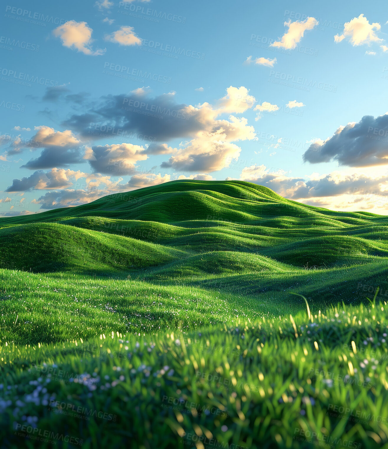 Buy stock photo Green hills, cloudy and flowers for landscape, digital painting or wallpaper for nature aesthetic in Amsterdam. Field, grassland or meadow for art design, outdoor sky and sunshine in calm summer