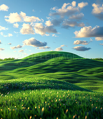 Green hills, cloudy sky and grass for landscape, digital painting or wallpaper for nature aesthetic in Amsterdam. Field, grassland or meadow for art design, outdoor calm and sunshine in summer