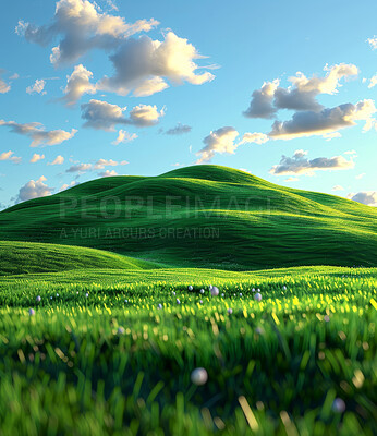 Green hill, blue sky and grass for landscape, digital painting or wallpaper in nature aesthetic for mountain and flowers. Field, grassland or meadow for art design, cloudy background or country