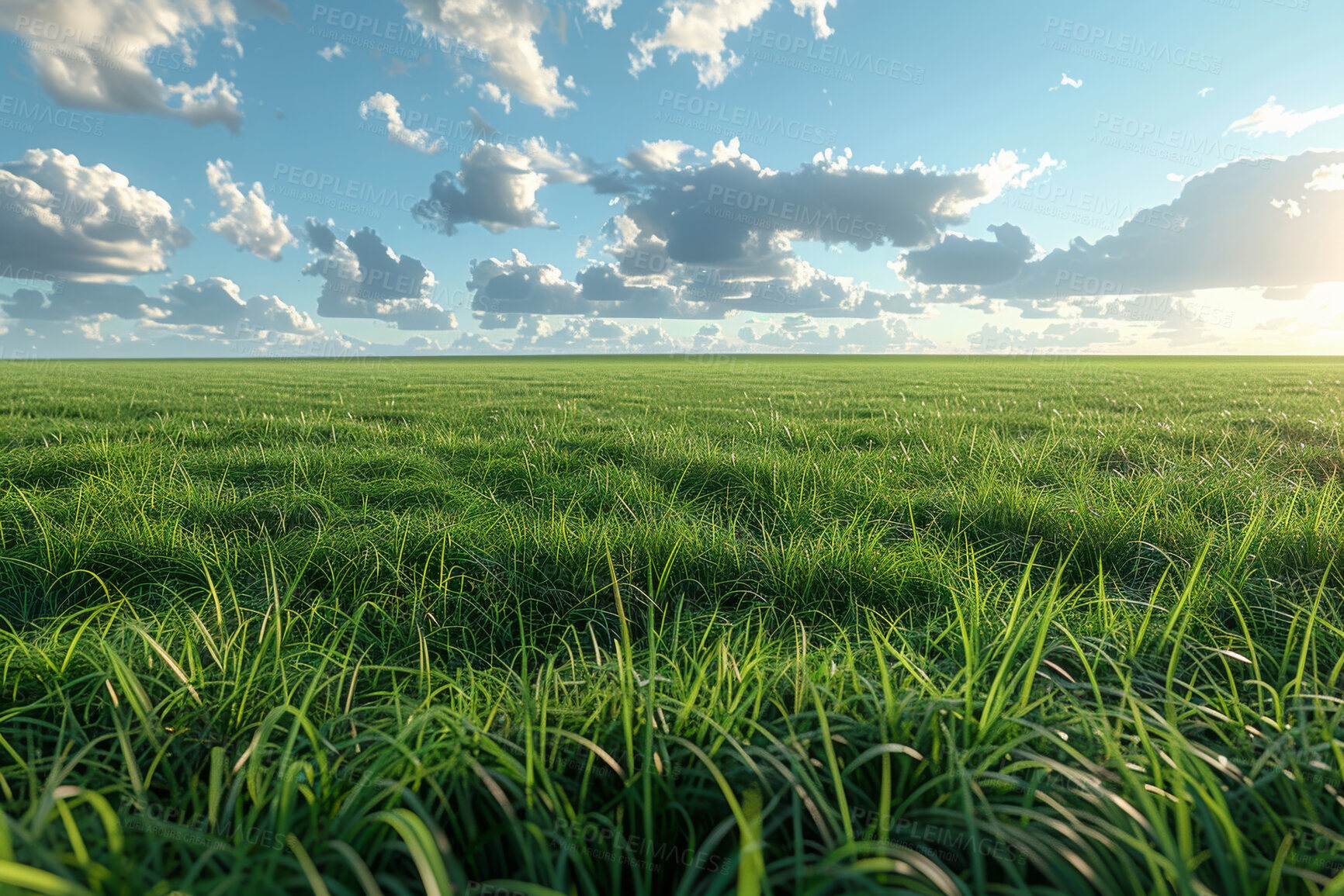 Buy stock photo Grass, clouds and sky in nature at field outdoor in the countryside in Switzerland. Lawn, park and closeup of garden with green plants for ecology, environment and summer landscape on background