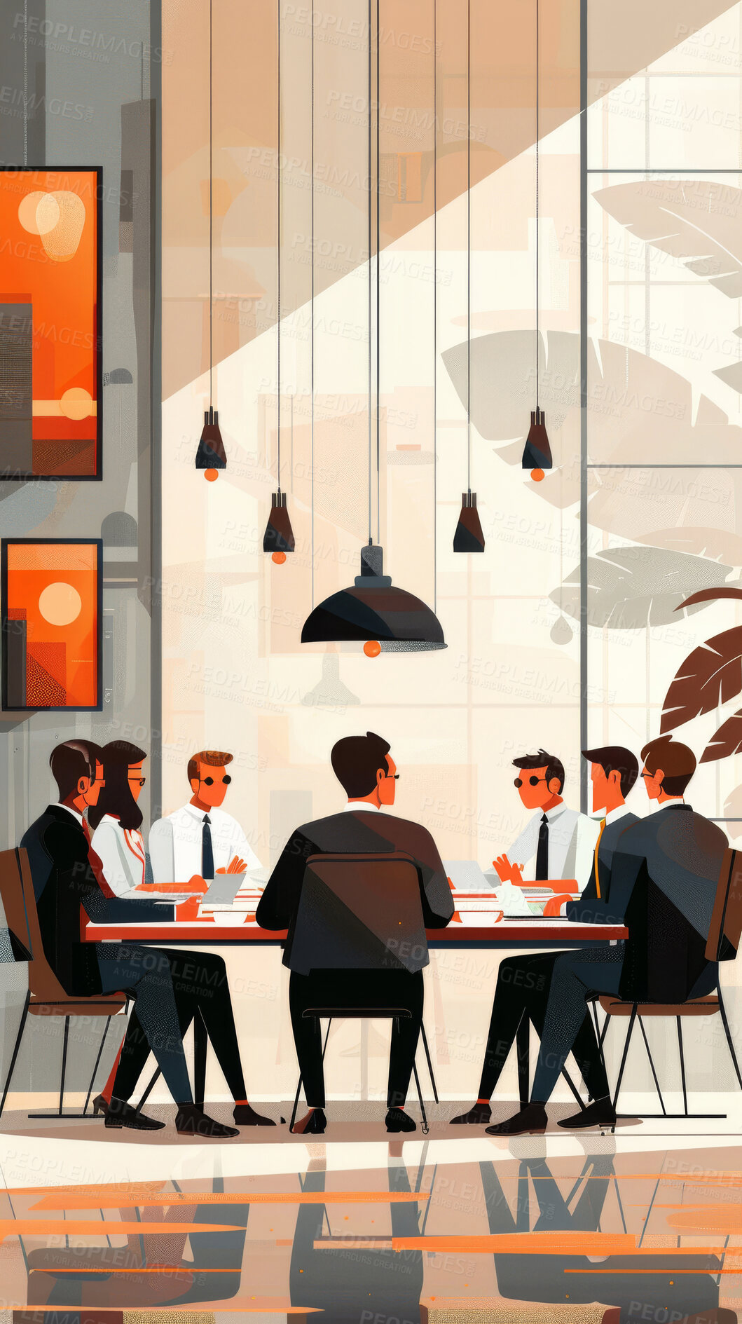 Buy stock photo Vector, business and people with project, talk and working with teamwork, deal and sales on table.Workshop, staff and employees in workplace, speaking and brainstorming, boardroom and group in job