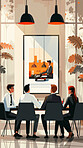 Boardroom, meeting and cartoon of people, employees and brainstorming for ideas of project and job. Teamwork, staff and vector of coworkers, planning and table or desk, colleagues and corporate