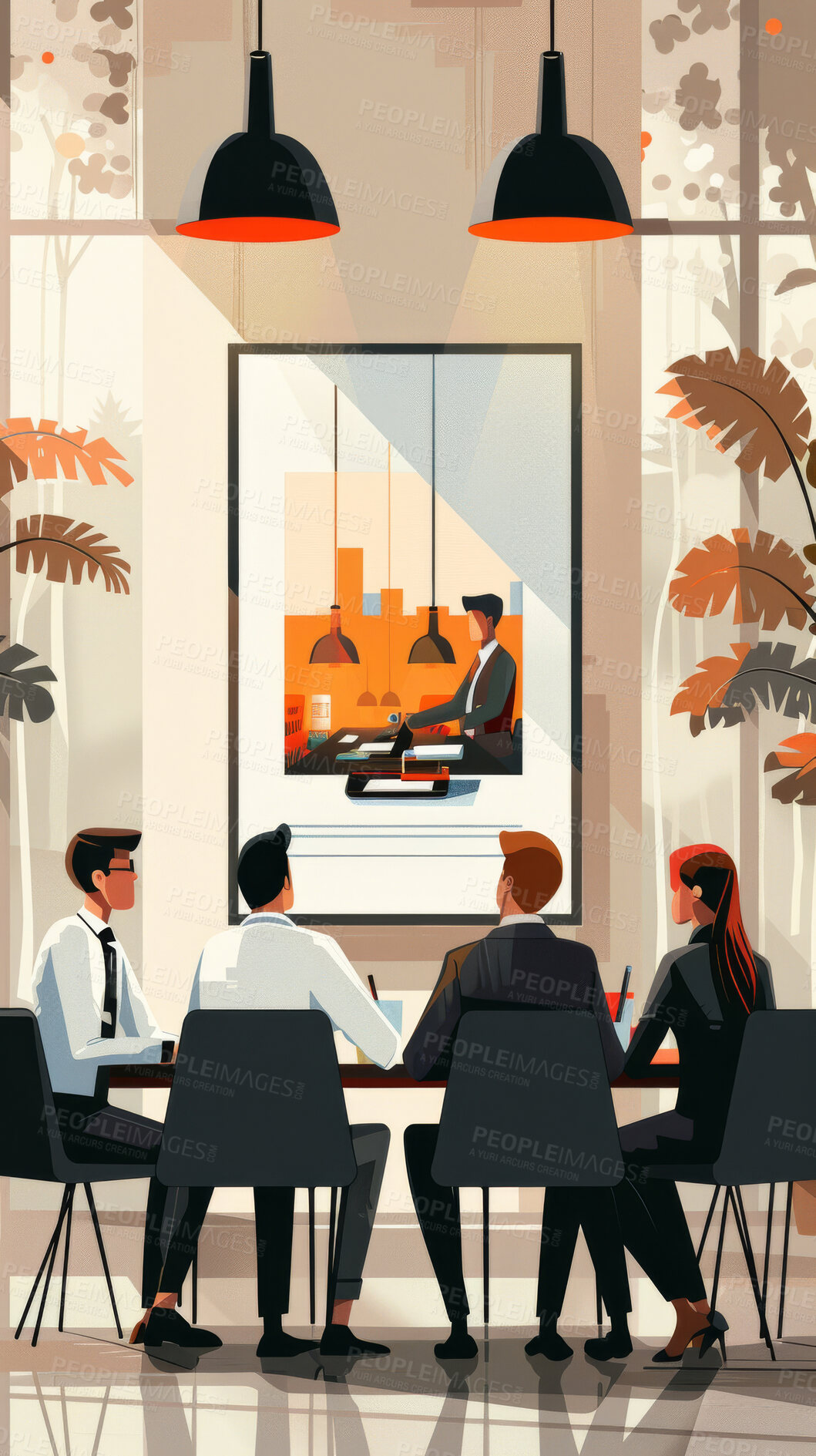 Buy stock photo Boardroom, meeting and cartoon of people, employees and brainstorming for ideas of project and job. Teamwork, staff and vector of coworkers, planning and table or desk, colleagues and corporate