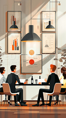 Boardroom, character and people in meeting, illustration and planning, brainstorming and sales for business. Project, employees and staff in company, working and collaboration of colleagues for team