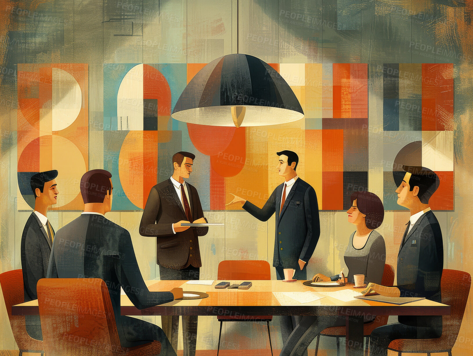 Buy stock photo Illustration, business and people in meeting at office with collaboration or teamwork on company growth and strategy. Painting, boardroom and corporate as partners or shareholder and brainstorm