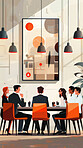 Restaurant, meeting or illustration of business people with creative, collaboration or brainstorming idea. Art, coffee shop or design team at cafe for b2b networking, communication or work solution