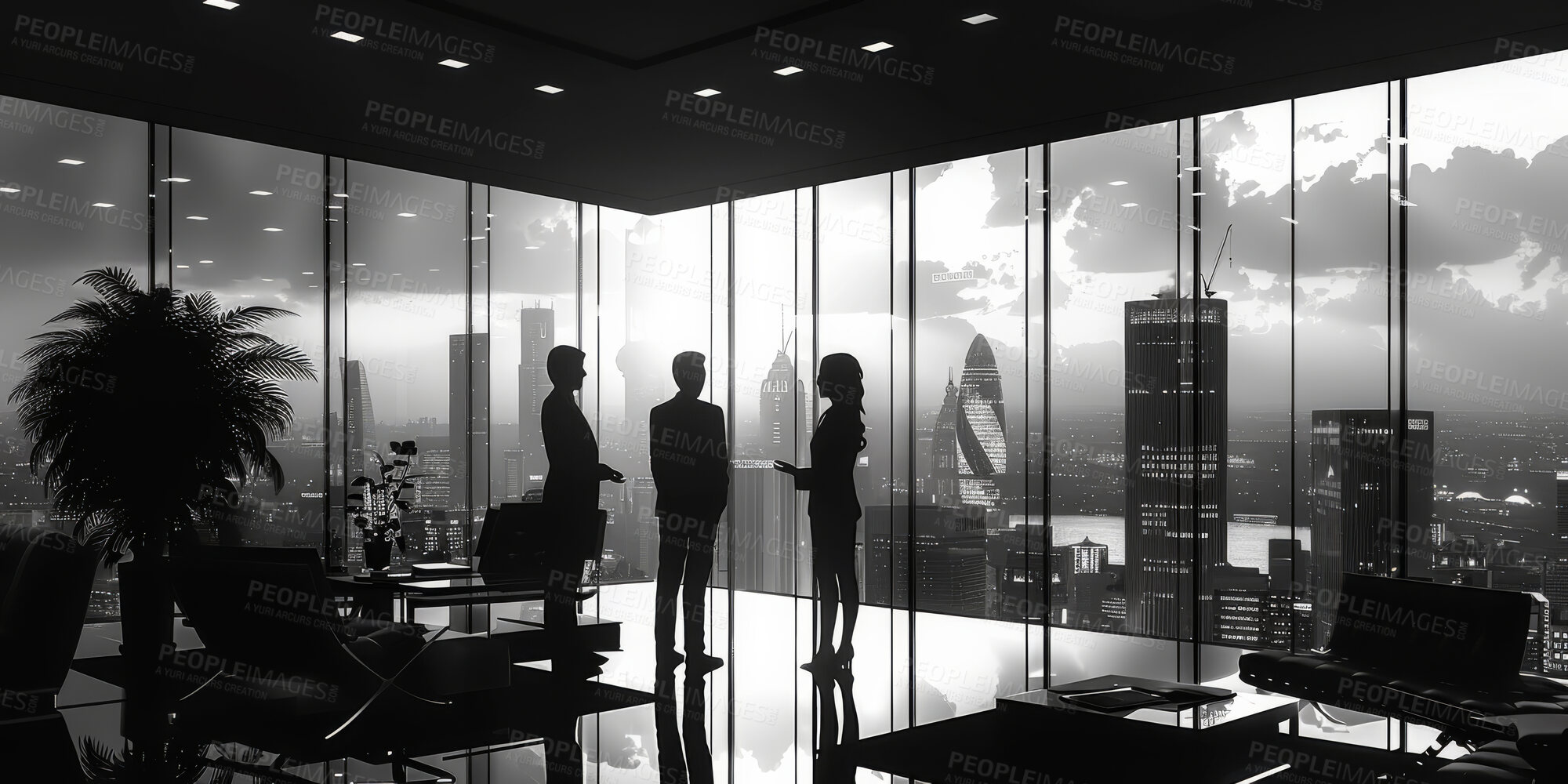 Buy stock photo Monochrome, illustration and coworkers in modern office for silhouette with skyscraper and building for design career in New York. Men, woman and together talking for planning, collaboration teamwork