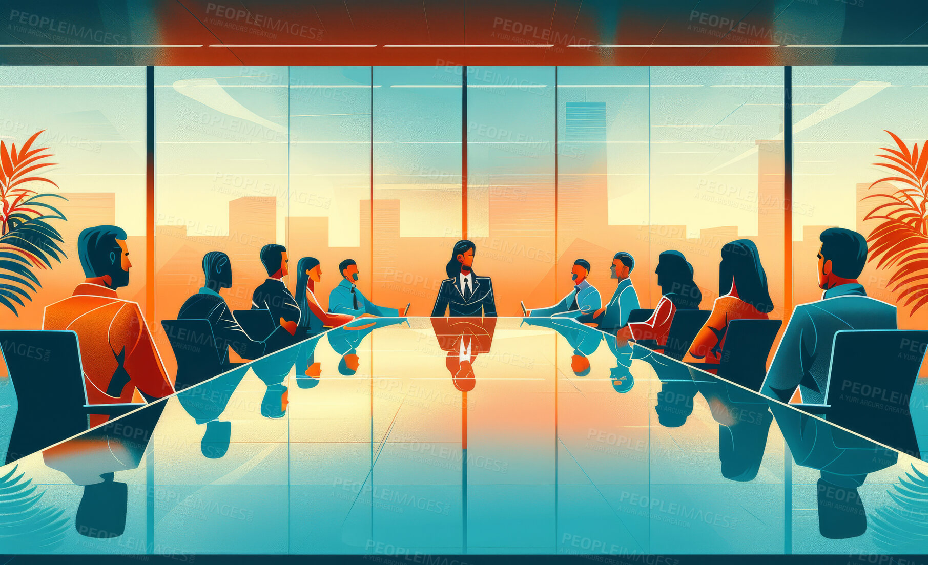 Buy stock photo Group, business people and meeting in office or illustration and pitch in Miami. Corporate, team and workplace with speaker and planning in boardroom with executive, creative graphic or workforce art