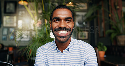 Wave, video call and face of black man in coffee shop for communication, contact and talking. Remote work, freelancer and portrait of person greet hello for online meeting, webinar and discussion
