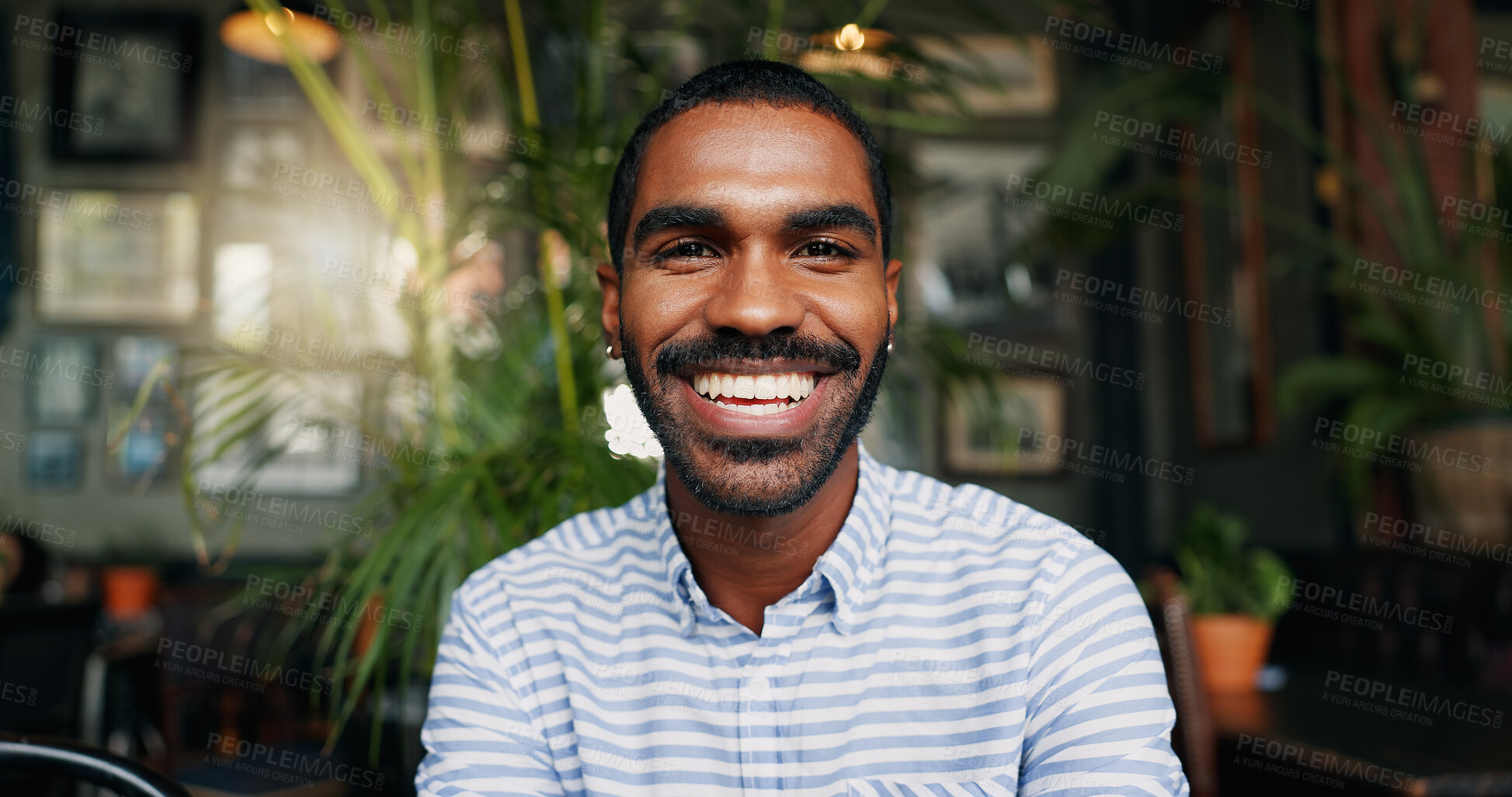 Buy stock photo Wave, video call and face of black man in coffee shop for communication, contact and talking. Remote work, freelancer and portrait of person greet hello for online meeting, webinar and discussion