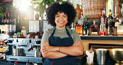 Welcome, coffee shop and portrait of woman with confidence at counter, waitress or barista at restaurant startup. Bistro, bar service and drinks, happy small business owner, manager or boss at cafe.