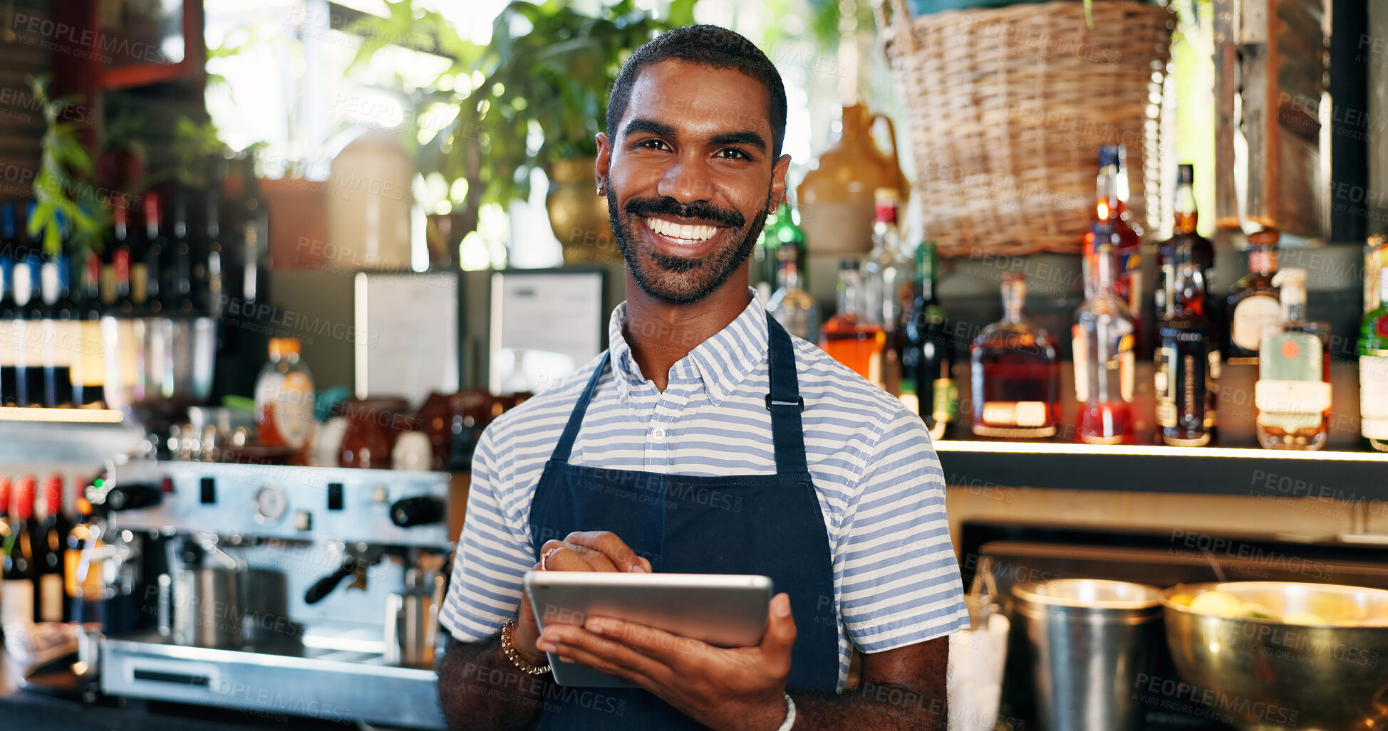 Buy stock photo Tablet, black man and bartender smile for restaurant sales, alcohol service or career vocation. Portrait, job experience and African business owner with pride in drinks trade, supply chain or startup