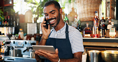 Tablet, bartender and black man on cellphone call, conversation and order alcohol stock, store delivery or inventory. Restaurant checklist, phone and business owner consulting on drinks supply chain