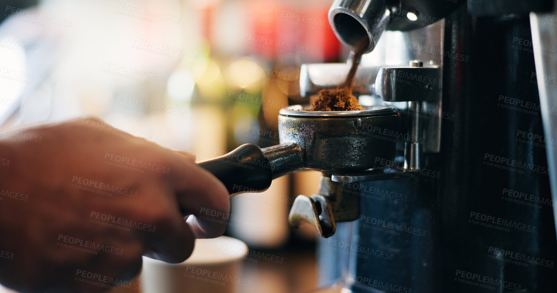 Buy stock photo Cafe, coffee grinder and hands pouring espresso with barista, small business and hospitality. Cappuccino, ground beans and service, person in bistro or restaurant with hot drink, latte or fresh brew.