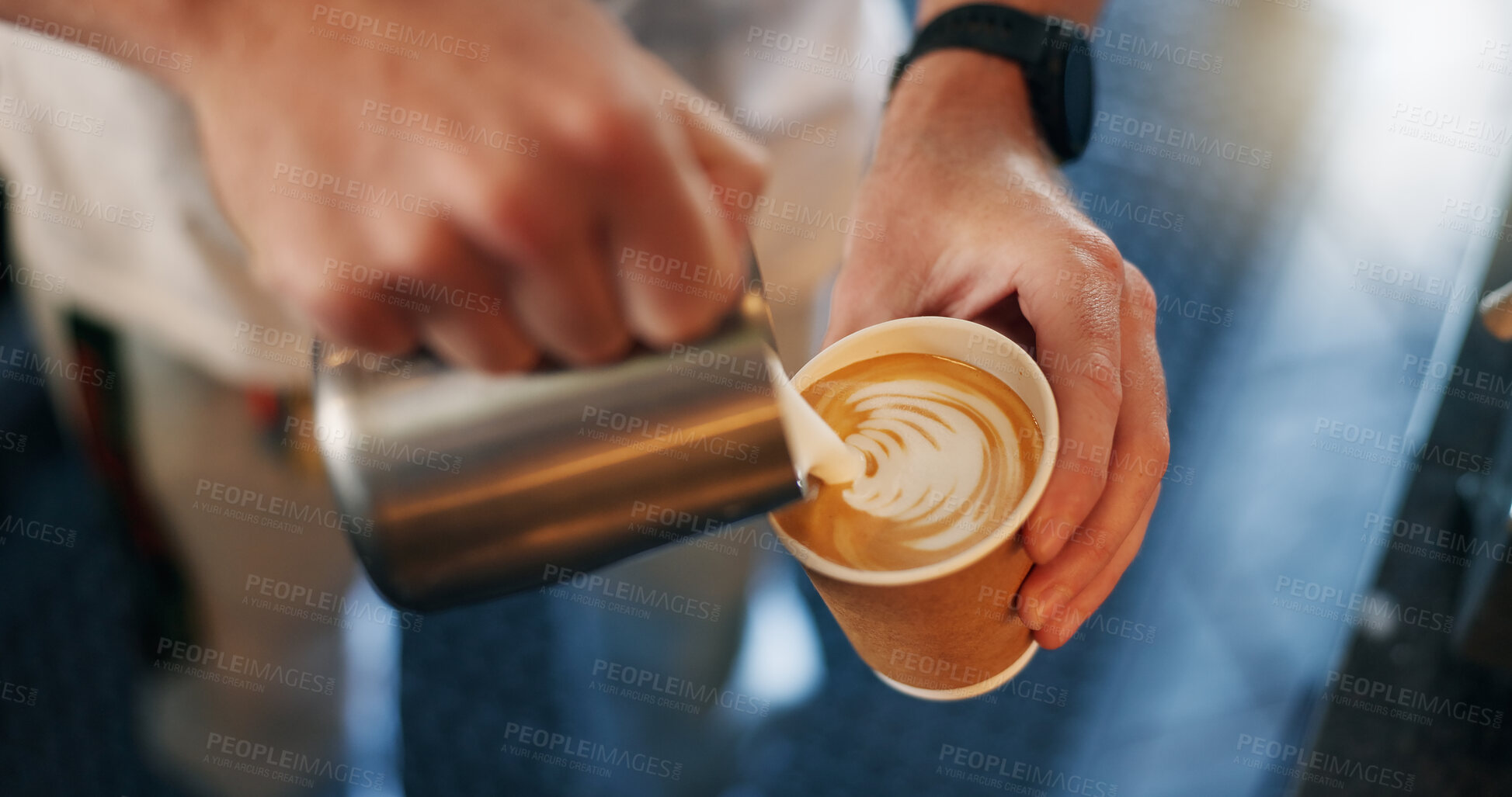 Buy stock photo Latte art, coffee shop and hands pouring cup for take away with barista, small business and hospitality. Cappuccino, milk foam and service person in cafe, restaurant or bistro with hot drink to go.