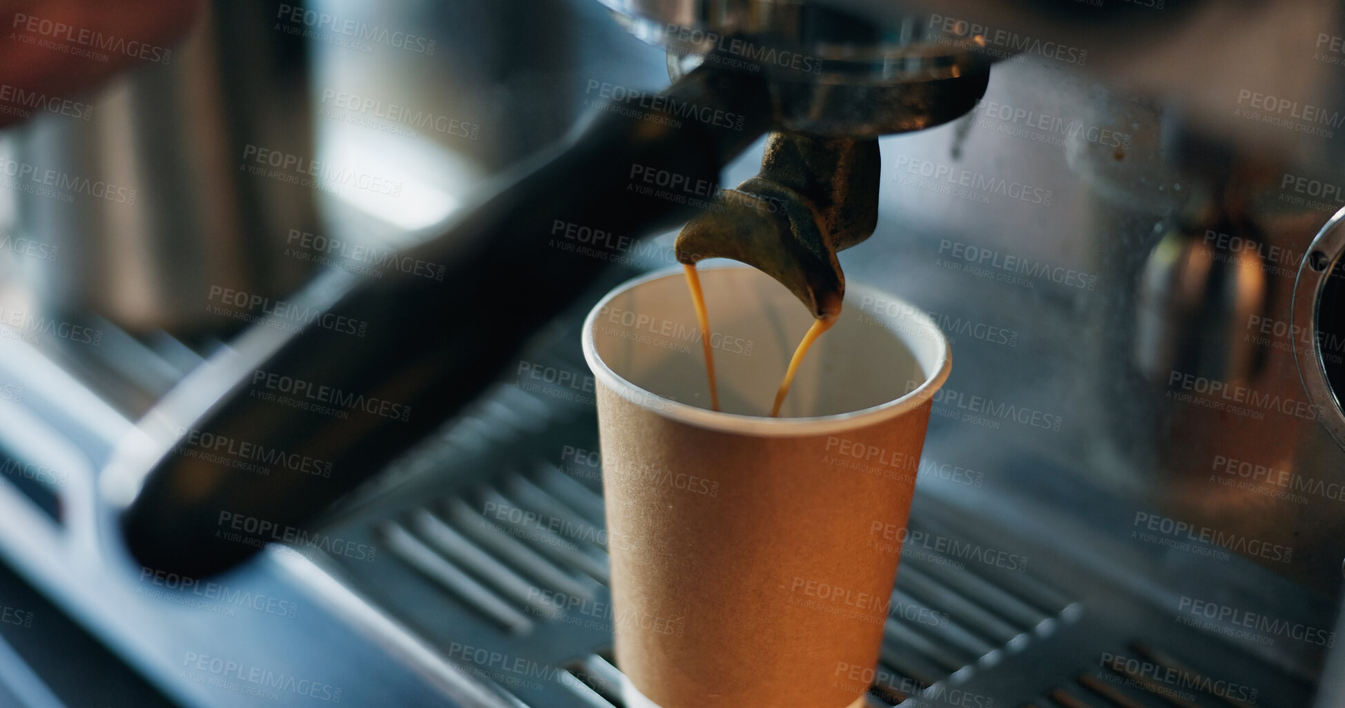 Buy stock photo Restaurant, coffee machine and pouring cup for take away with barista, small business or hospitality. Cappuccino, fresh brew espresso and beverage service in cafe, shop or bistro with hot drink to go