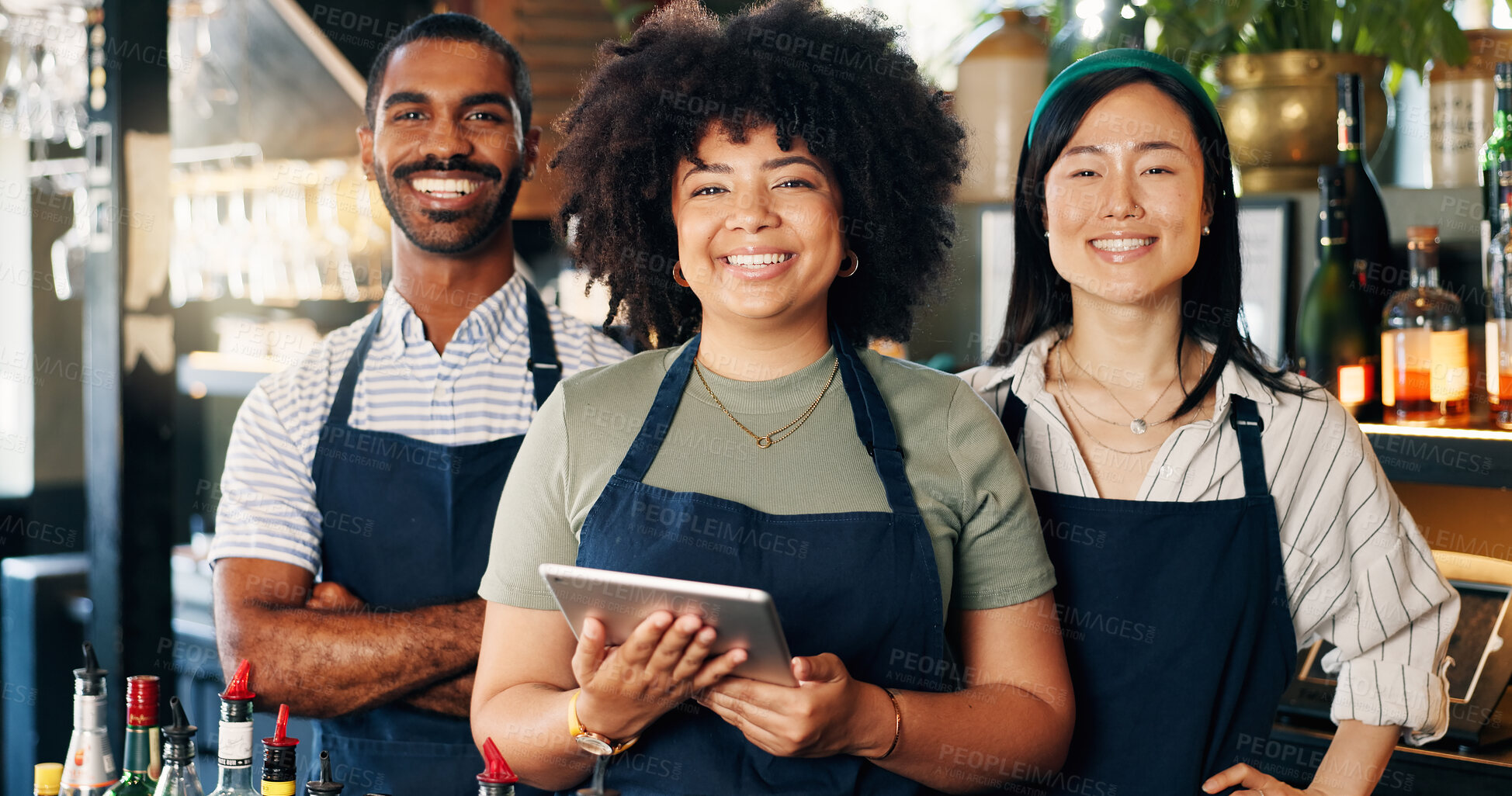 Buy stock photo Welcome, restaurant and portrait of team at bar with manager, waiter and waitress at startup with digital app. Bistro, service barman and diversity, happy small business owner at cafe with tablet.