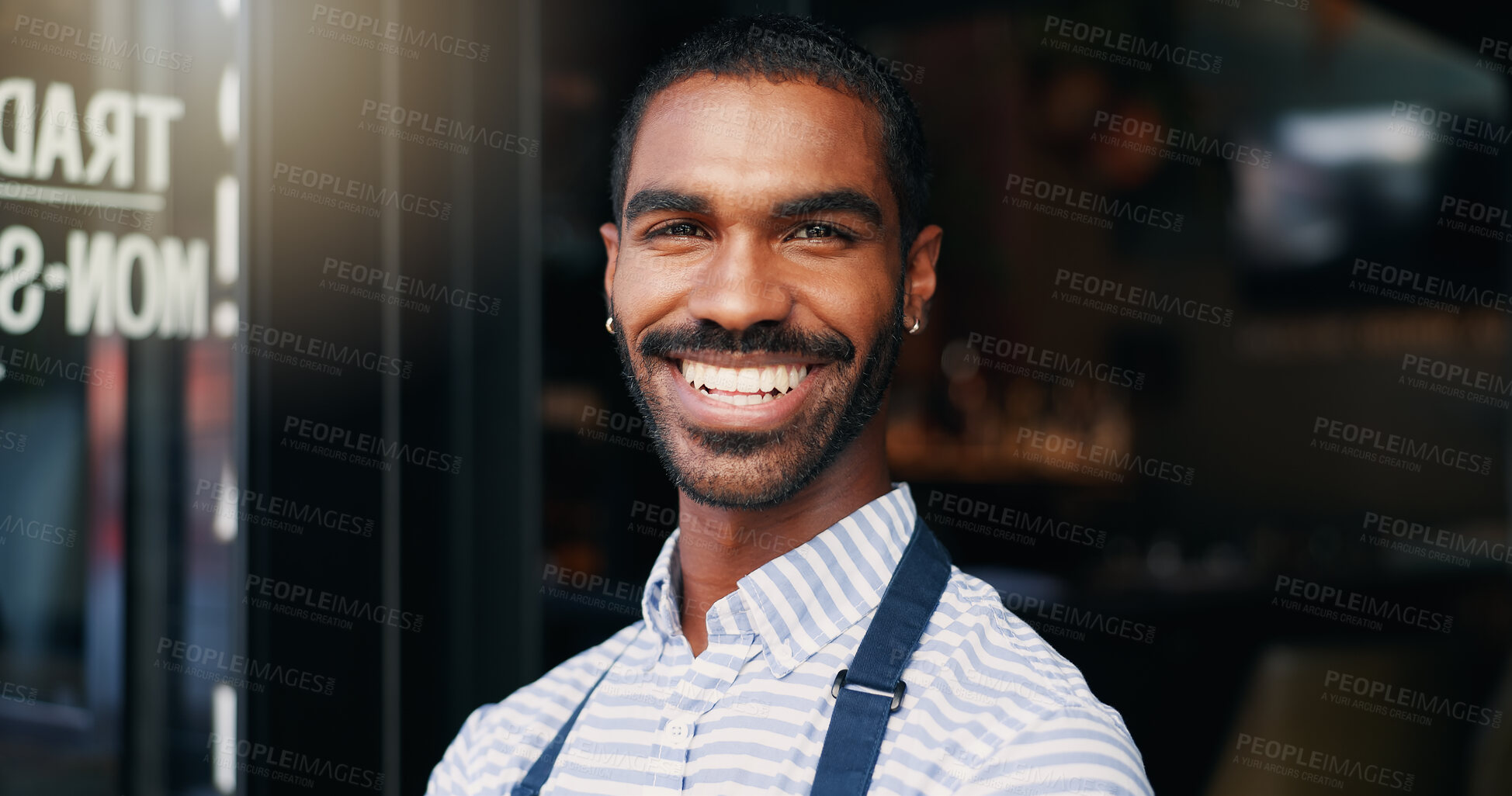 Buy stock photo Smile, crossed arms and face of barista at cafe for welcome with positive and confident attitude. Happy, portrait and young male waiter or entrepreneur at startup coffee shop or restaurant entrance.