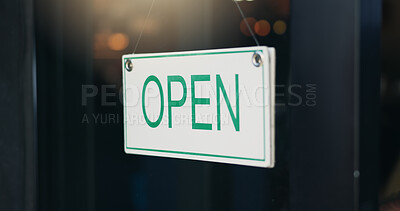 Buy stock photo Coffee shop, open sign and front door for notice on board, information and guide for news at store. Poster, window and welcome message for small business, cafeteria or diner in closeup at restaurant