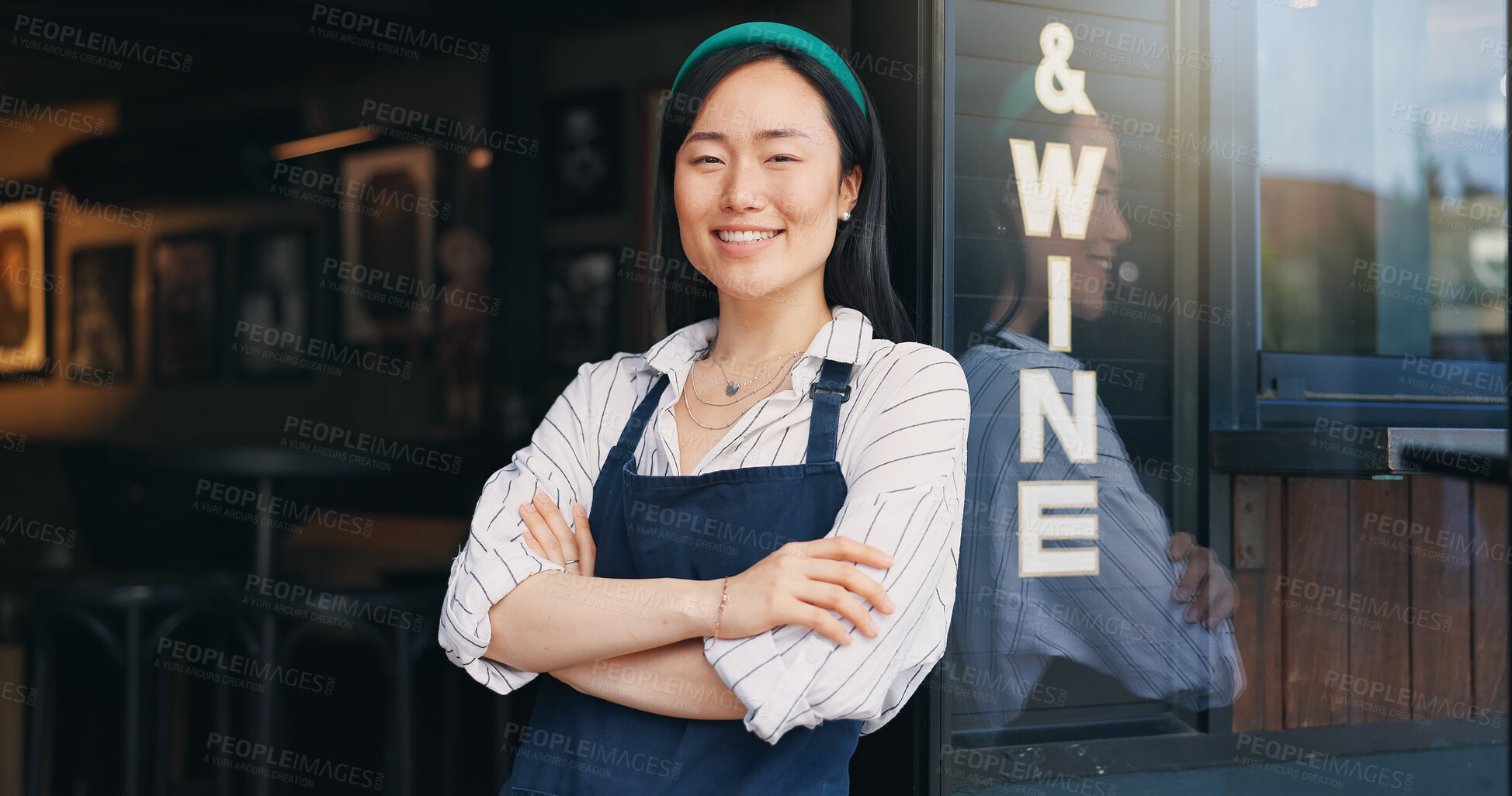 Buy stock photo Happy asian woman, cafe and small business owner by door in confidence for management. Portrait of young female person or waitress smile with arms crossed by professional restaurant or coffee shop