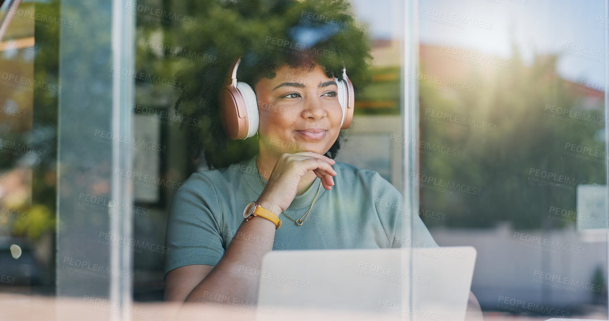 Buy stock photo Woman, headphones and thinking with laptop, remote work and streaming music for online and internet. Creative, worker and explaining for freelance career, copywriter and working on social media