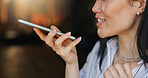 Woman, voice note and cafe with smartphone, remote work and conversation for job, online and internet. Discussion, excited and explaining for freelance career, copywriter and working on social media