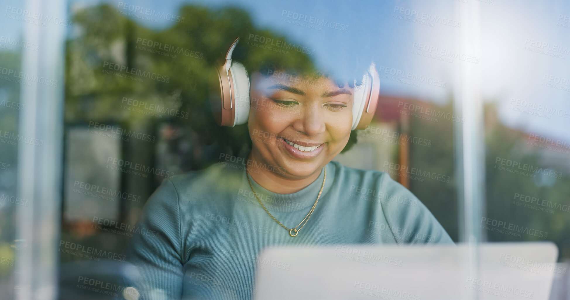 Buy stock photo Woman, headphones and happy with laptop, remote work and streaming music playlist for online and internet. Creative, worker and network for freelance career, copywriter and working on social media campaign