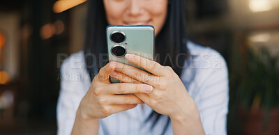 Hands, woman and phone for texting, closeup or happy for funny video, meme or comic web blog. Girl, Japanese person and smartphone for typing, scroll or click for reading notification on social media