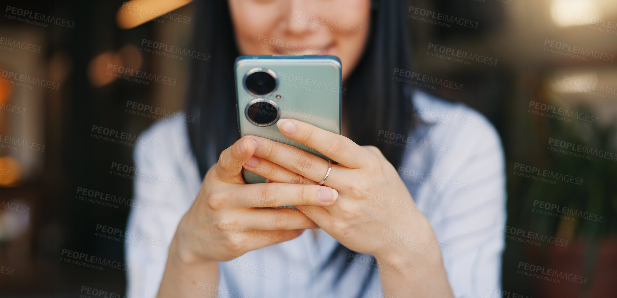 Buy stock photo Hands, woman and phone for texting, closeup or happy for funny video, meme or comic web blog. Girl, Japanese person and smartphone for typing, scroll or click for reading notification on social media