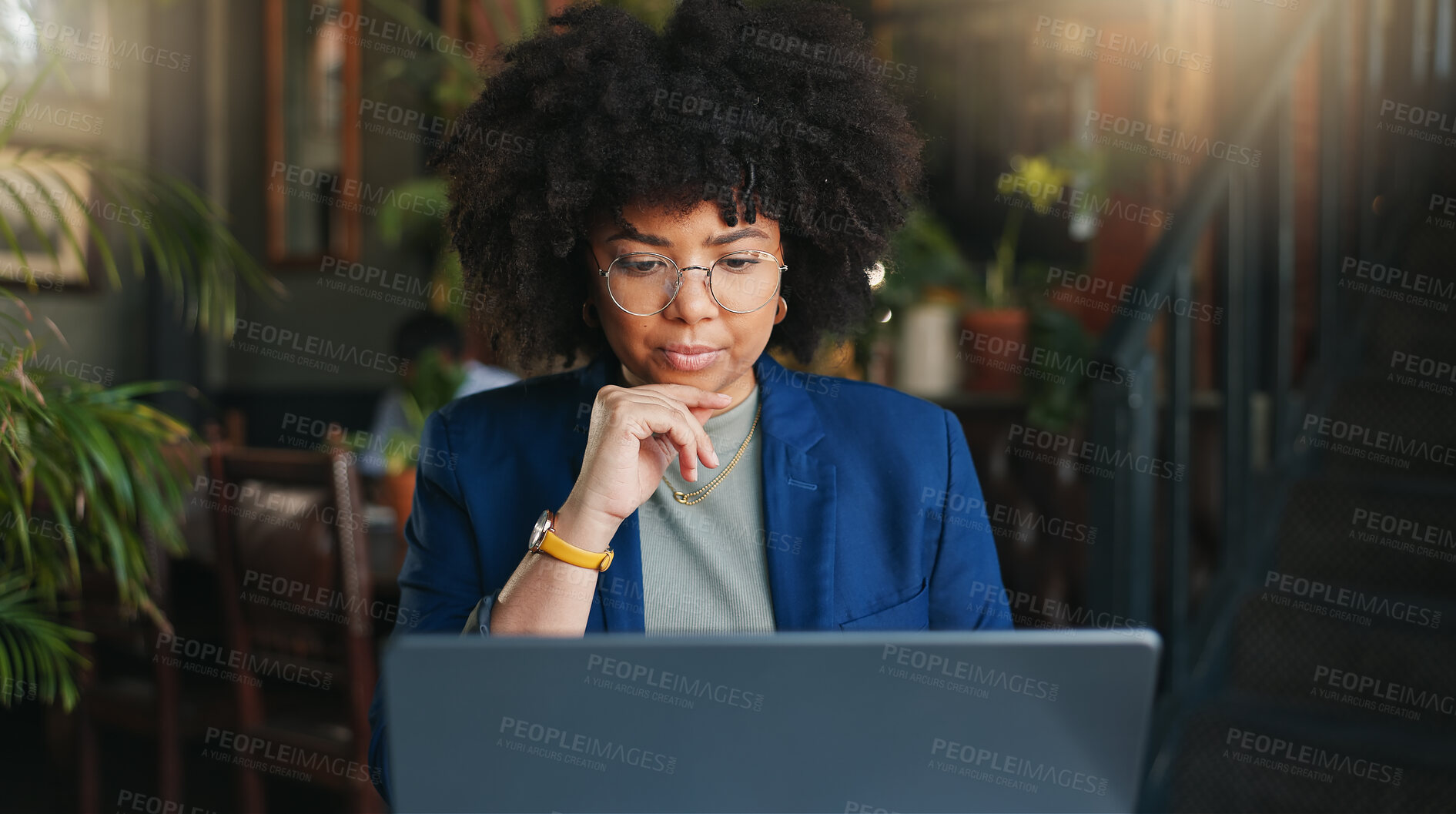 Buy stock photo Woman, thinking and restaurant with laptop, remote work and ideas for job, online and internet. Concentrating, planning and journalist for freelance career, copywriter and working on project