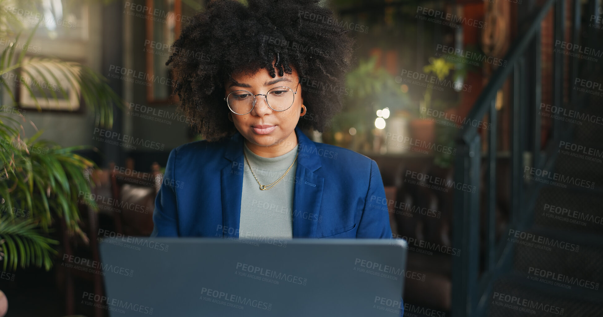 Buy stock photo Woman, thinking and restaurant with laptop, remote work and ideas for job, online and internet. Concentrating, planning and journalist for freelance career, copywriter and working on project