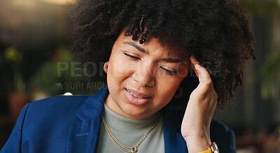 Frustrated black woman, headache and afro in stress, anxiety or mistake for business pressure at cafe. Face of African female person with migraine, pain or depression in mental health at coffee shop