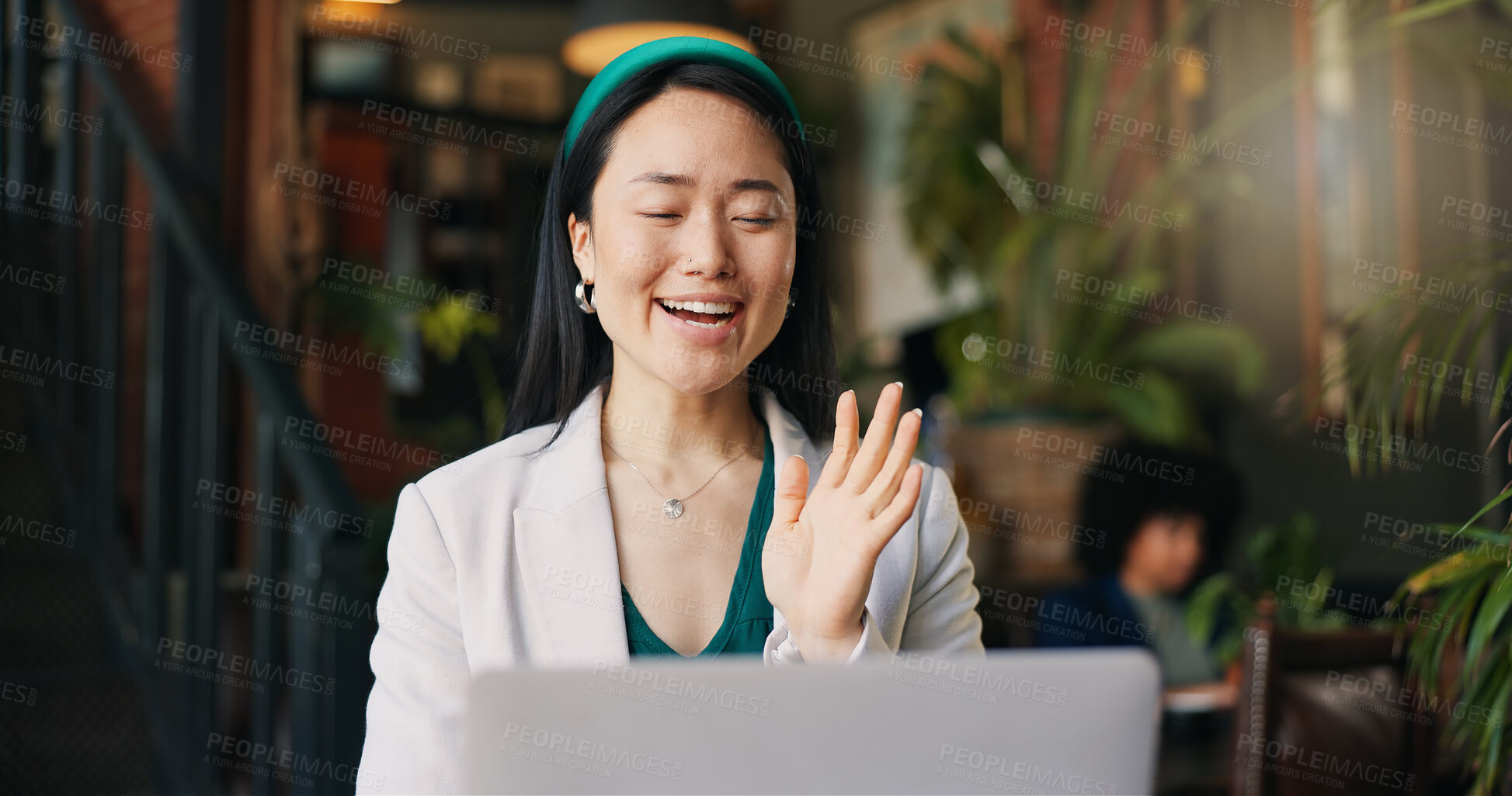 Buy stock photo Japanese business woman, video call and laptop with smile, talking and wave hello for advice at finance startup. Person, financial advisor and webinar with information, investing knowledge and chat