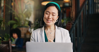 Woman, video call and restaurant with laptop, remote work and conversation for project, meeting and internet. Discussion, job and explain feedback to copywriter and working on social media campaign