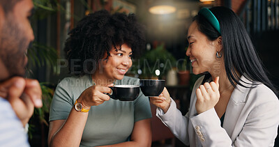 Happy people, friends and talking with coffee at cafe for social, free time or catch up break together. Group smile and enjoying conversation with beverage, drink or cup of tea at indoor restaurant