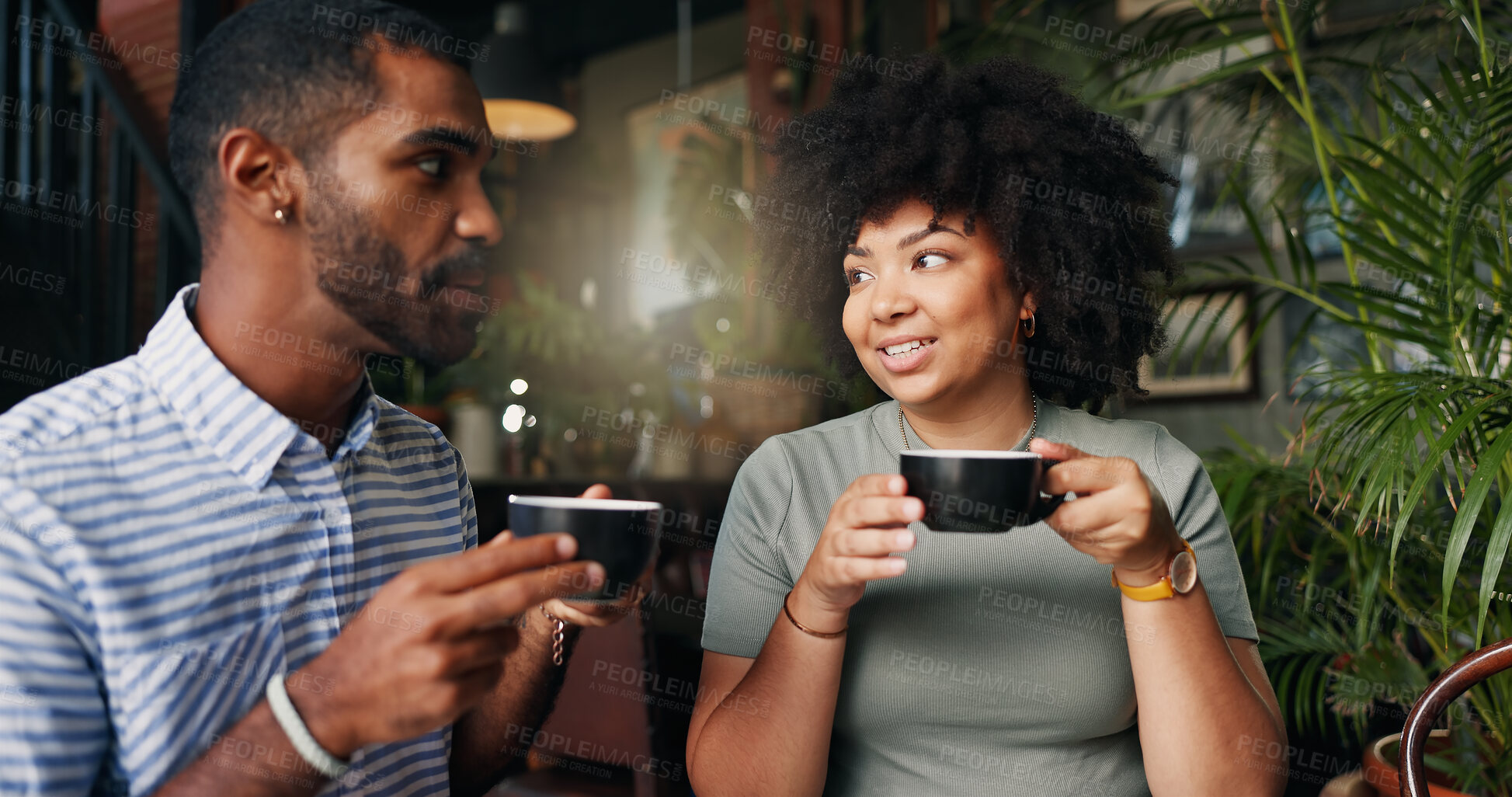 Buy stock photo Friends, cheers and coffee in restaurant with talking, bonding together and relax on break on vacation. Young man, woman and communication by tea, happiness and care for cappuccino on holiday in cafe