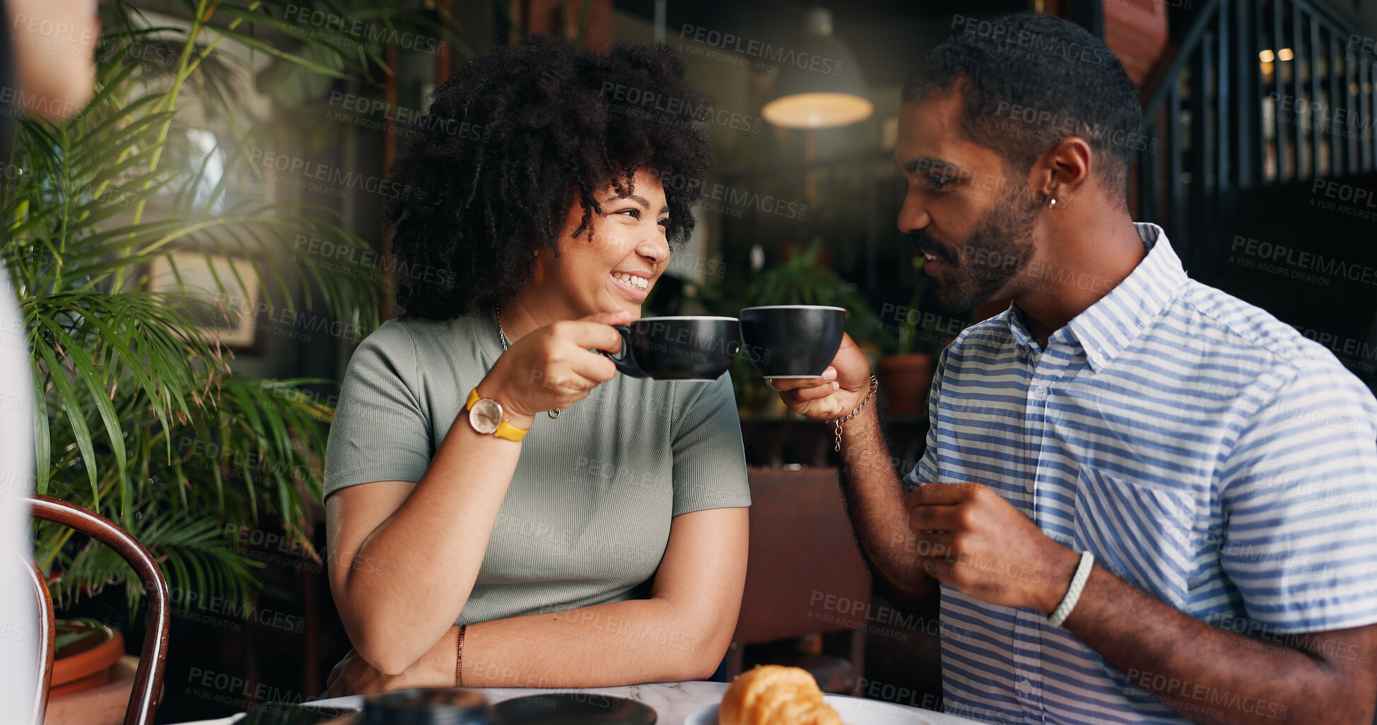 Buy stock photo Friends, cheers and coffee in restaurant with talking, bonding together and relax on break on vacation. Young man, woman and communication by tea, happiness and care for cappuccino on holiday in cafe
