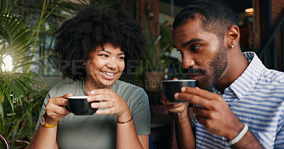 Friends, chat, laugh and coffee in restaurant with talking, bonding together and relax on break on vacation. Young man, woman and communication by tea, happiness and care for cappuccino on holiday in cafe