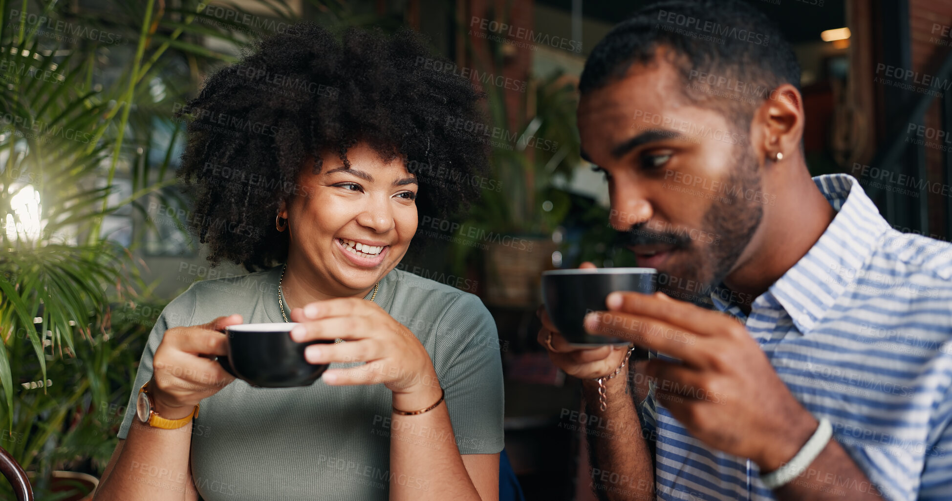 Buy stock photo Friends, chat, laugh and coffee in restaurant with talking, bonding together and relax on break on vacation. Young man, woman and communication by tea, happiness and care for cappuccino on holiday in cafe