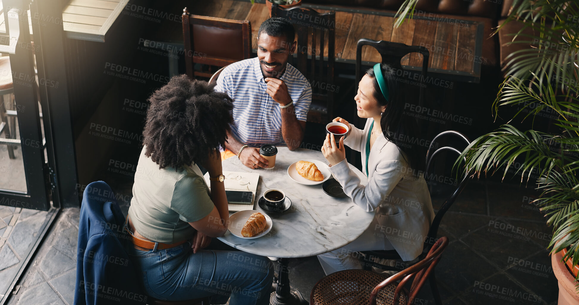 Buy stock photo Business lunch meeting, discussion and people at a cafe planning, conversation or sharing project ideas. Work friends, restaurant and management team with brunch, meal or top view of afternoon break