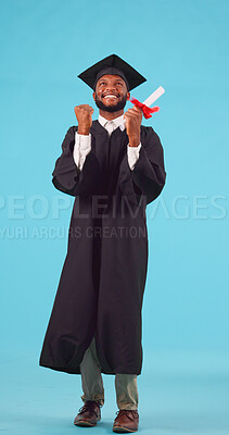 Graduation, dance and college with black man and diploma for education, learning and winner. Goal, future and celebration with portrait of student on blue background for scholarship and graduate