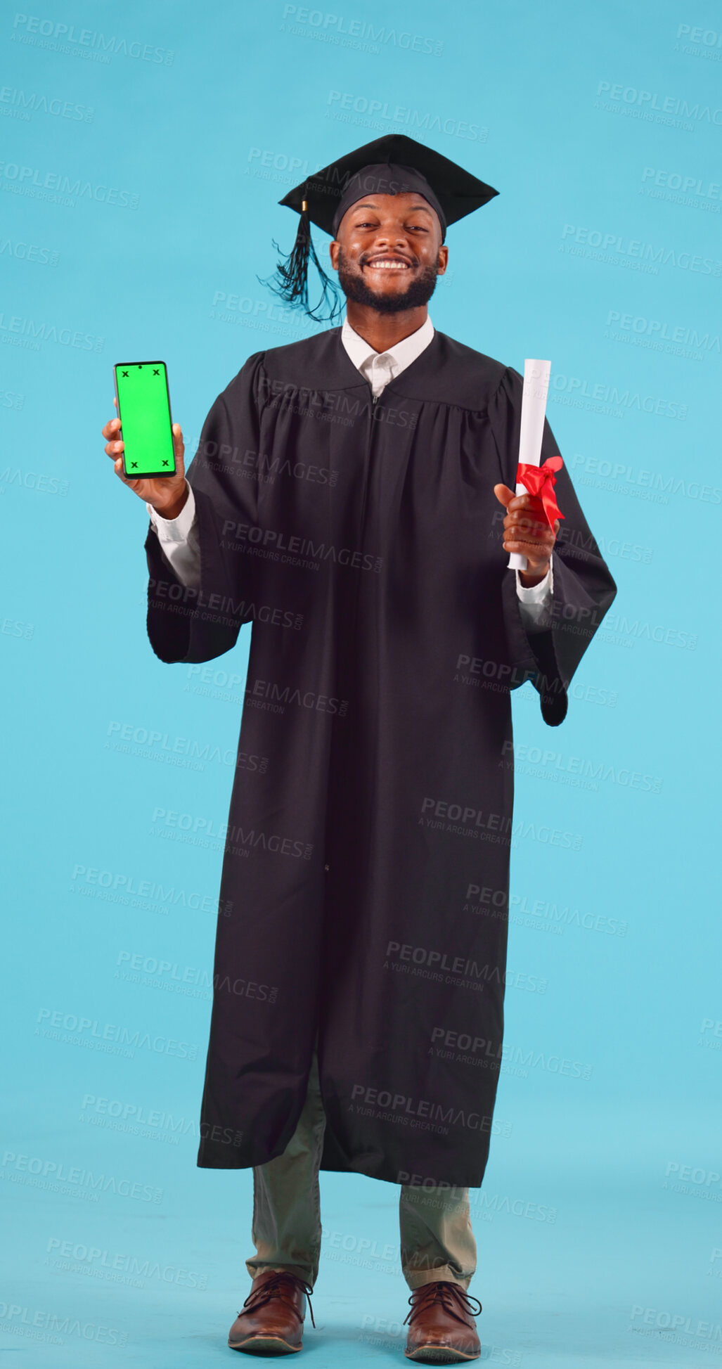 Buy stock photo Black man, graduation and education, smartphone and green screen for advertising, university sign up or app for course. UX, college website ads and scholarship offer for diploma on blue background