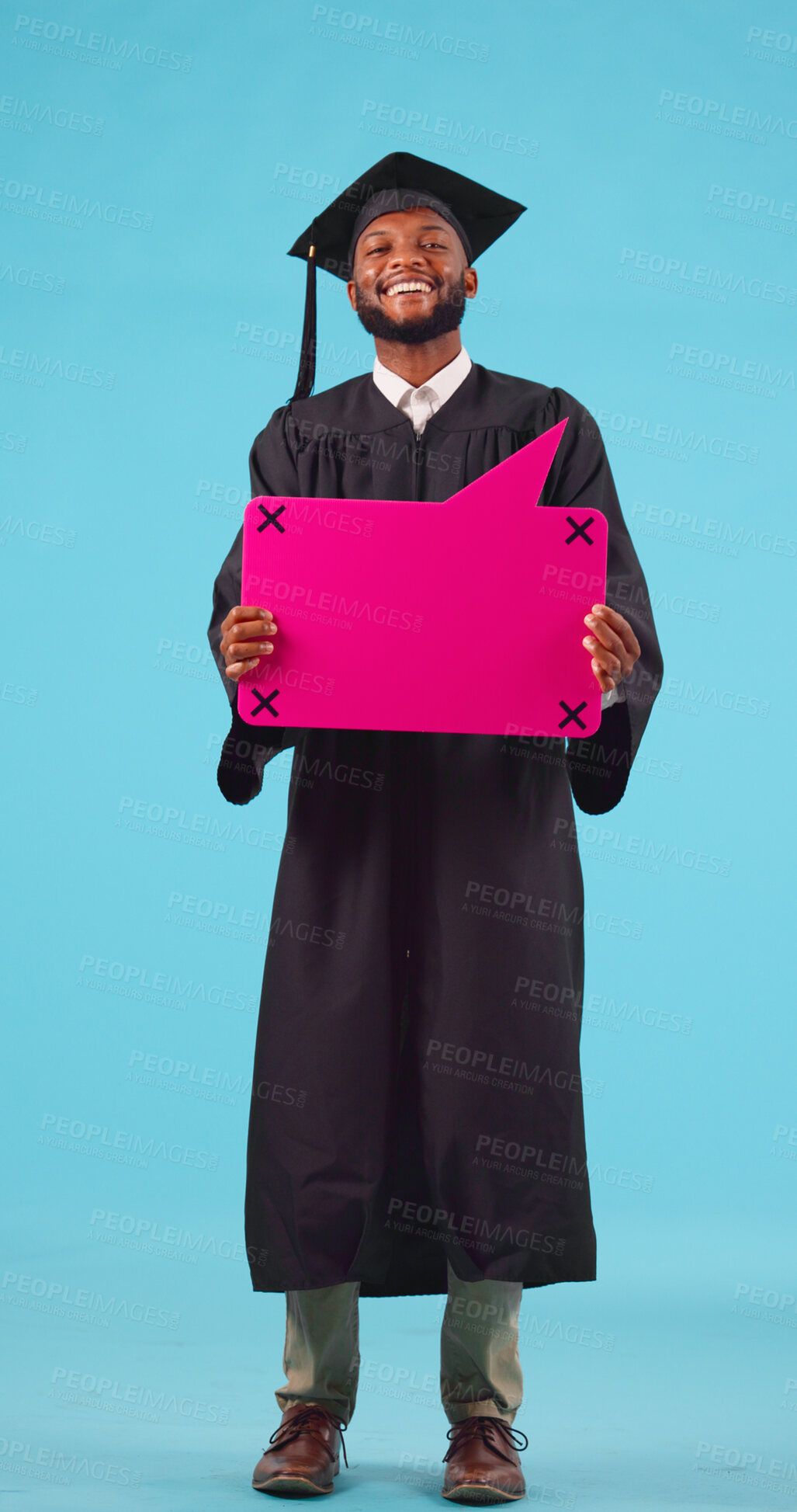 Buy stock photo Black man, graduation and speech bubble for education achievement, social media and FAQ on blue background. Portrait, academic language or dialogue with tracking marker, mockup and university forum