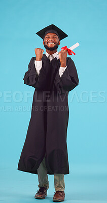 Graduation, success and dance with black man and diploma for education, learning and winner. Goal, future and celebration with portrait of student on blue background for scholarship and graduate