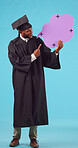 Black man, graduate and pointing at speech bubble for success, recruitment, blue background. Student, graduation and portrait with male person with promotion or announcement, sign up with happiness.