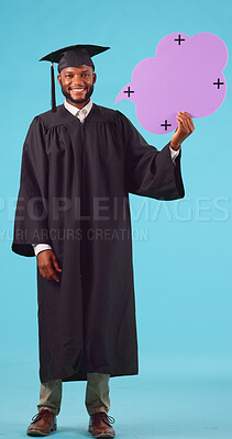 Black man, graduate and pointing at speech bubble for success, recruitment, blue background. Student, graduation and portrait with male person with promotion or announcement, sign up with happiness.