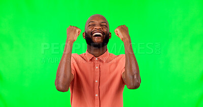 Buy stock photo Excited winner, cheering or black man on green screen for news, announcement or bonus prize. Fist pump, smile or happy  person in celebration of discount, goal success or sale on studio background 