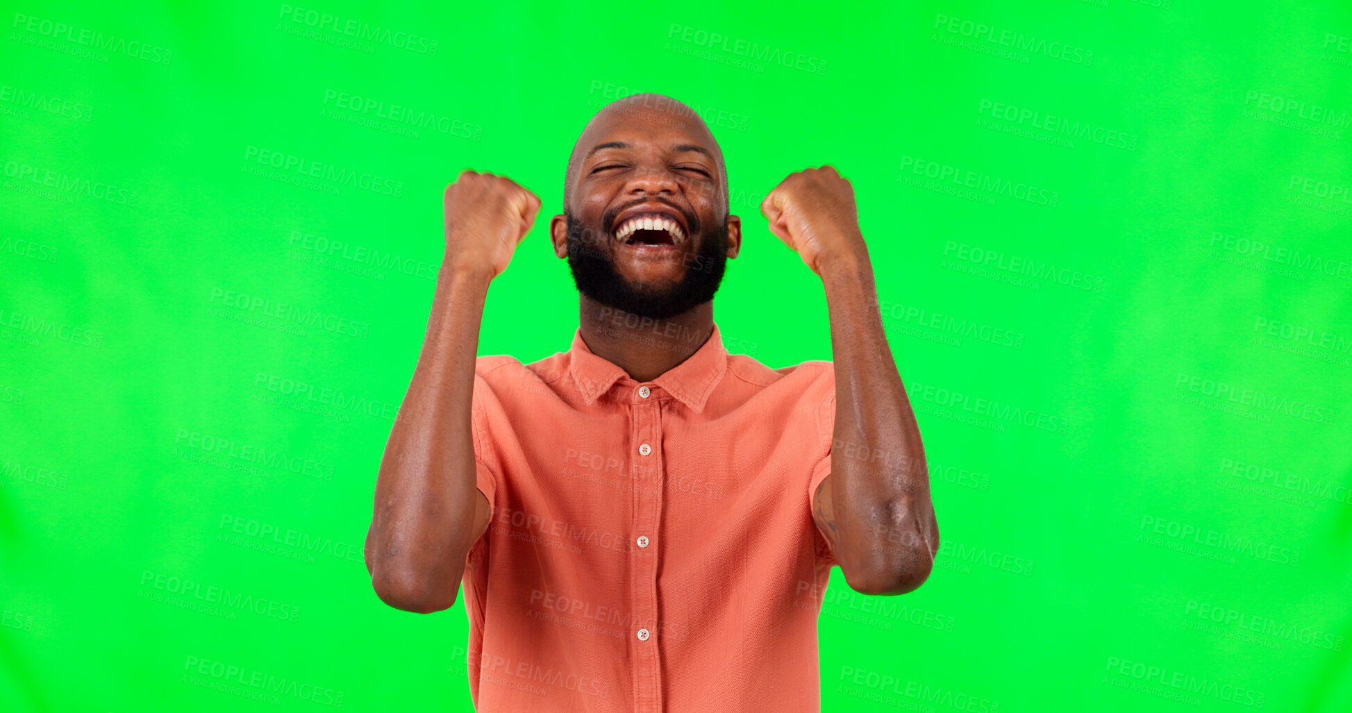 Buy stock photo Excited winner, cheering or black man on green screen for news, announcement or bonus prize. Fist pump, smile or happy  person in celebration of discount, goal success or sale on studio background 