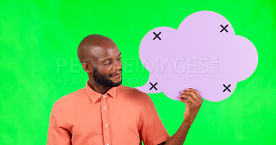 Buy stock photo Speech bubble, space and black man by green screen with mockup for communication. Advertising, marketing or African person with board, sign or placard with tracking markers by chroma key background.